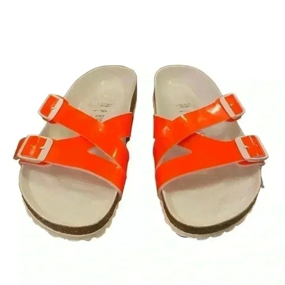 NEW BIRKENSTOCK YAO Balance Birko Flor Leather Sandal NEON ORANGE - Picture 2 of 8
